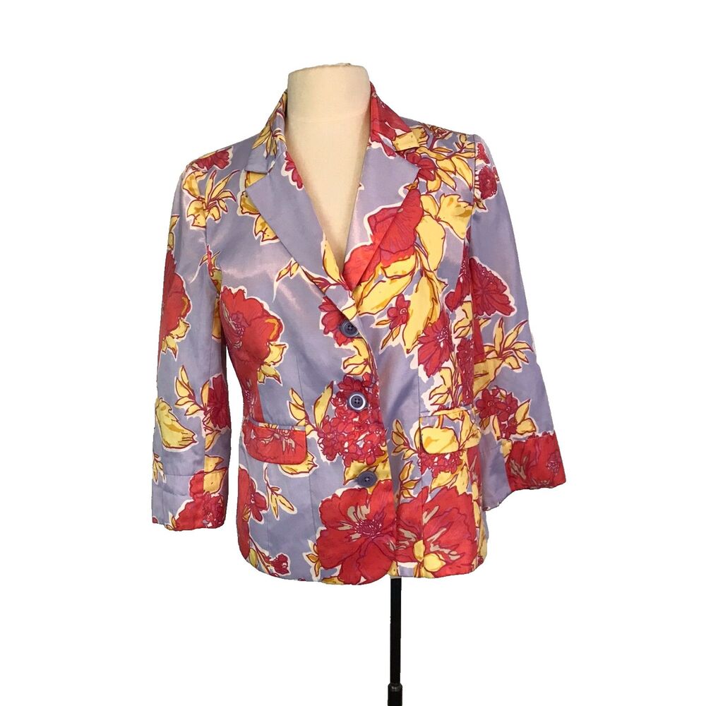 Madison Hill Womens Fun Lavender Pink Yellow Floral‎ Satin Blazer, Jacket, sz 12